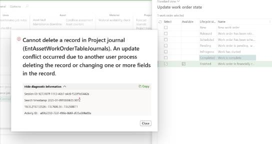 Microsoft bug related to work order journals in F&O version 10.0.44.